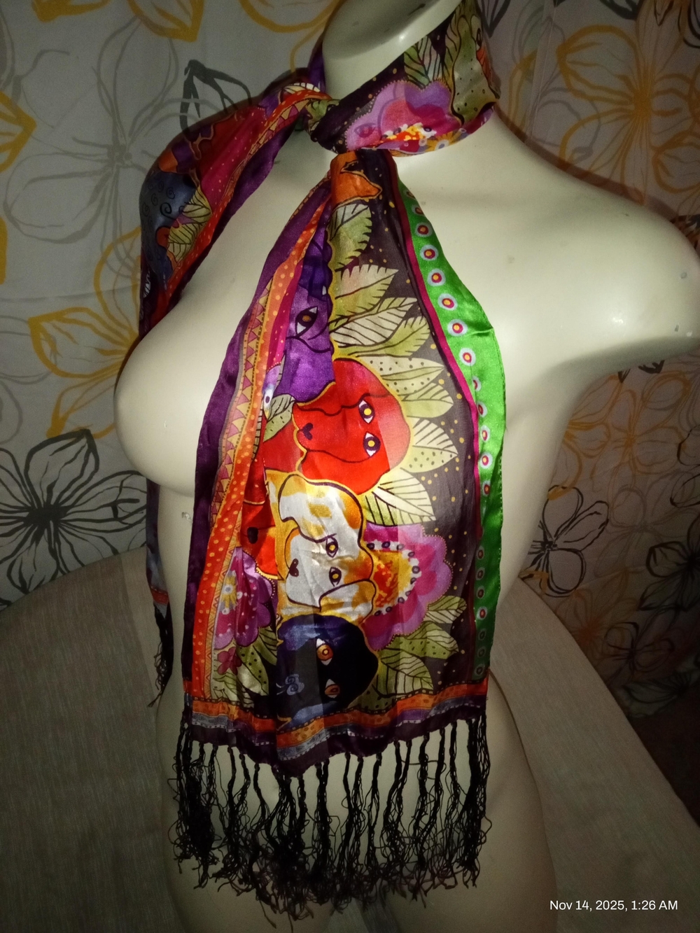 This is a vintage Canine Clan/ Whimsical Dogs fringed silk Sacrf By Laurel Burch